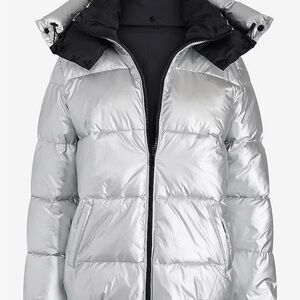 Express Silver Metallic/Black Reversible Puffer Coat- Large (NWT)